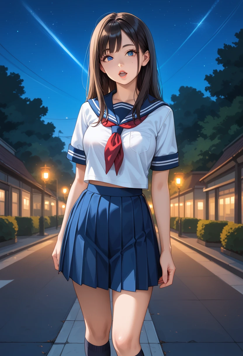 Realistic super detail,8K, realistic, HD wallpaper,中学生,女生,((1girl)),(delicate facial detail) , ((full body: 1.2)) , parted lips, flowing red hair, detailed hair, (((correct eyes))) , detailed eyes, glowing eyes, standing, ((((looking at audience))) , white t-shirt, shorts, ((((JK uniform))) , ((uniform)) , ((sunset background)-RRB-LRB- , ((evening wind)) , ((night wind)) , beautiful, brilliant, epic, intricate details, movie liEdgenLightge light, glow, natural shadows, depth of field,