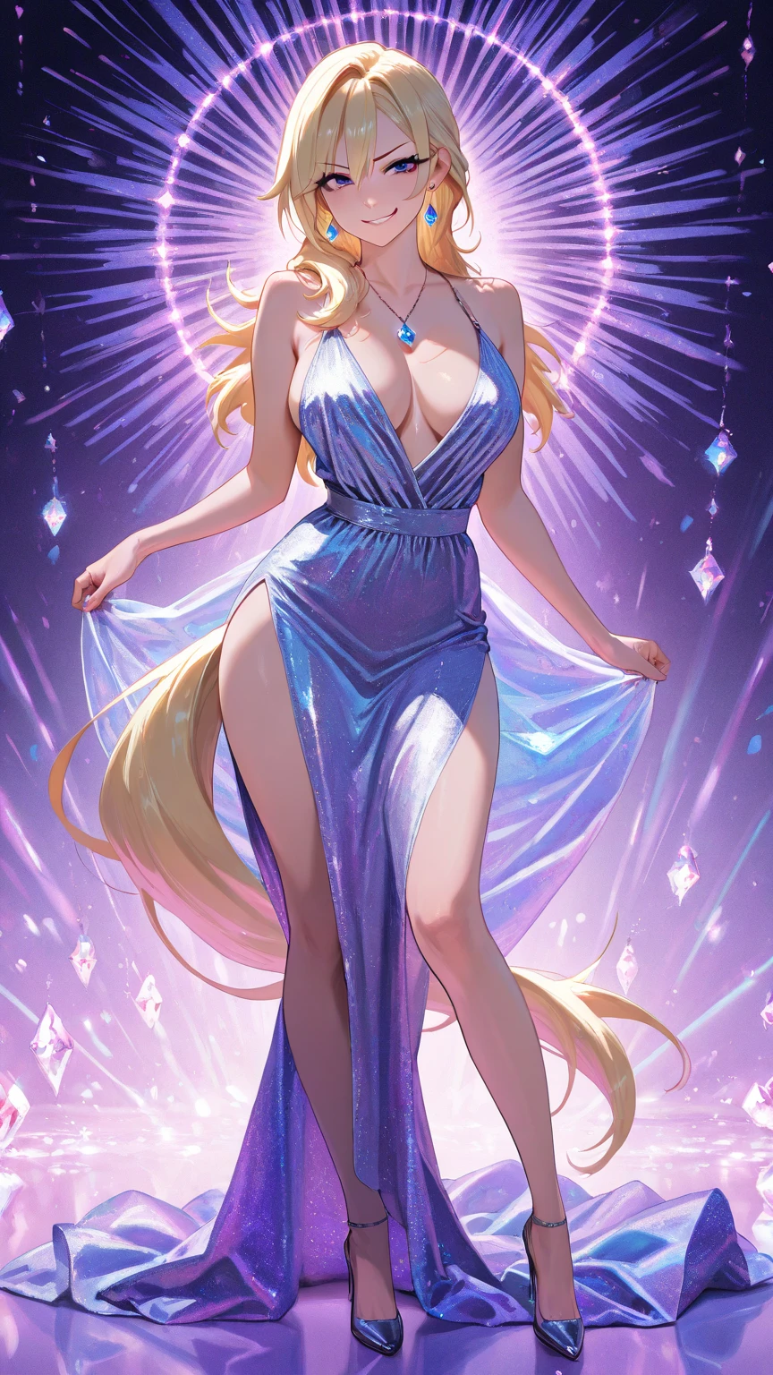mature brazilian woman 30 years,blonde long hair,hollywood lips,Transparent pink combination dress, Shimmering,glittering,cystal ornaments,glasses,galxy ligth ambient,luxury background,sexy pose,smile,big green eyes,big breasts,oversized breasts,curvyl body,atractive expression,UHD,((masterpiece:1.4)),((cinematic ligth: 1.5)),((sharp focus: 1.2)),Super Realism,unreal engine,CFX,VFX,CGI,megapixel,((fujifilm xt3)),iphone 14 pro max shot,octane render,surrealism,texture overlay,grain addition,resize and crop,curve ajustment,EpicRealism,high details face,high details body,high details suit,intrigate details,insane realism,70mm lenses shot