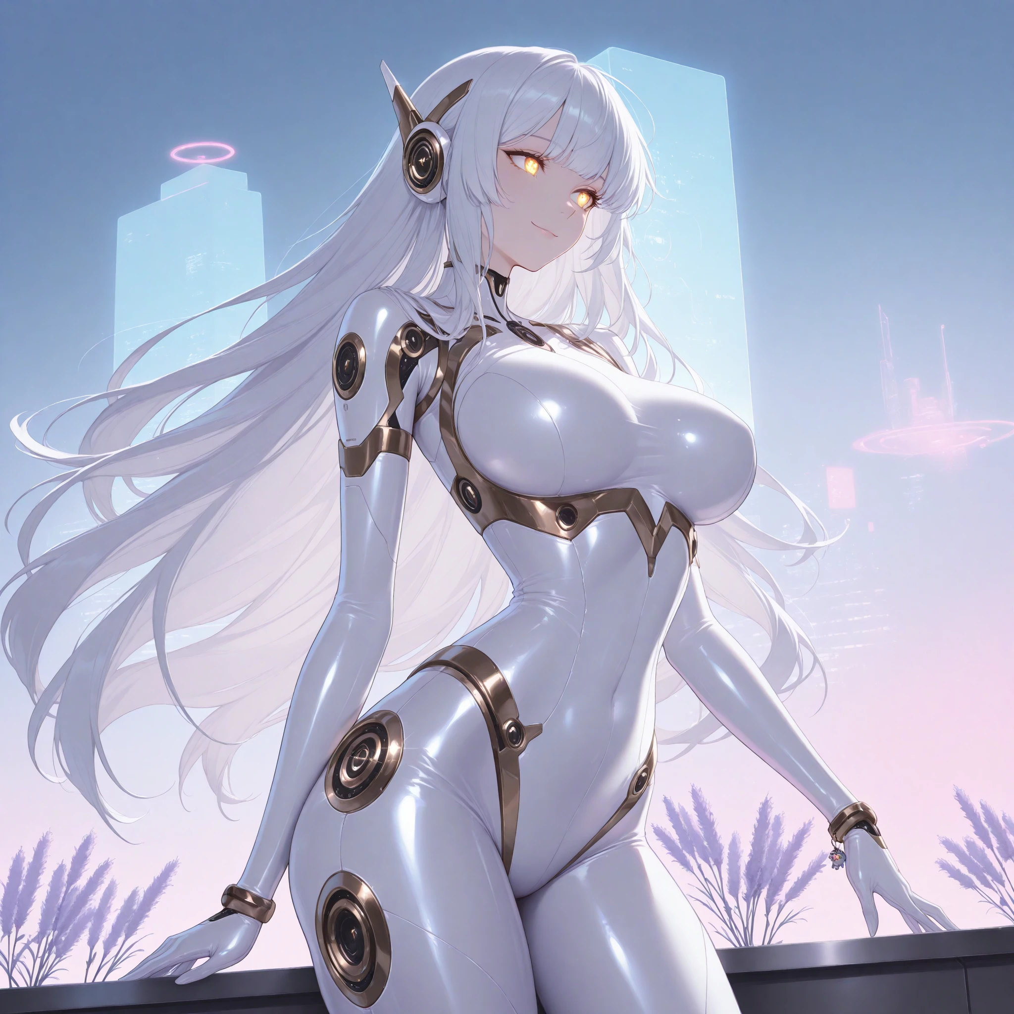 Highest image quality,high high quality,A mature woman,age 22,Huge cleavage,?????? presentation,Raised nipples,Yellow and white metal high heels,White and black metal mecha,Long white hair,hair covering one eye,ssmile,high ponytails,in the stars,obscene exposure