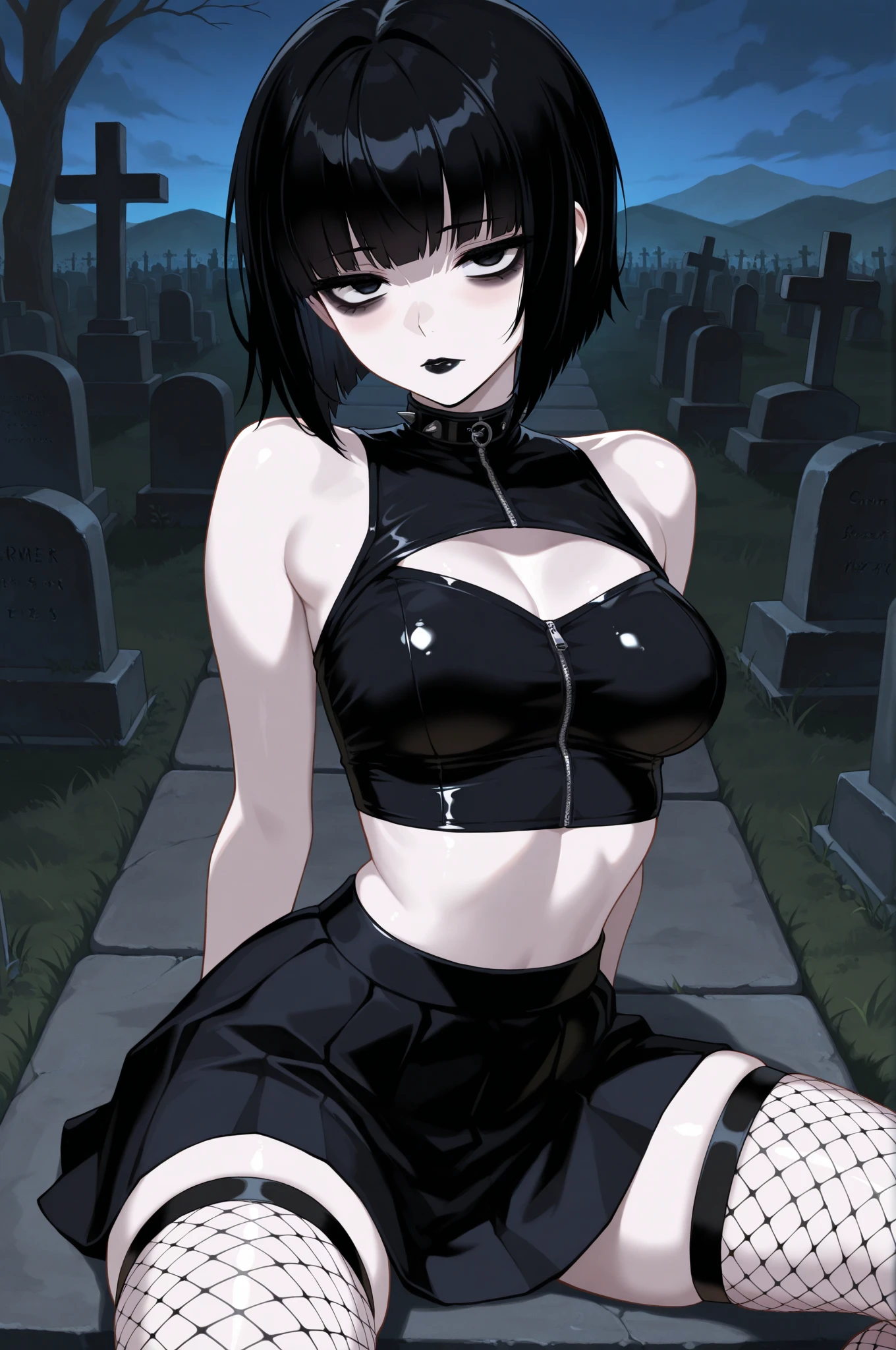 ((masterpiece), best quality, high quality, professional quality, highly detailed, highres, perfect lighting, natural lighting), (1girl, beautiful, demonic, ghostly, translucent skin:1.5, glowing skin:1.2, see-through skin:1.3, skeleton visible beneath skin, large breasts, emaciated:1.2, hollow eyes:1.3, wearing (torn clothing, translucent clothing:1.2)), in front of haunted rundown mansion, surrounded by dead trees, gravestone, at night, full moon, spirit orbs, tsurime, <lora:Tsurime3:1>