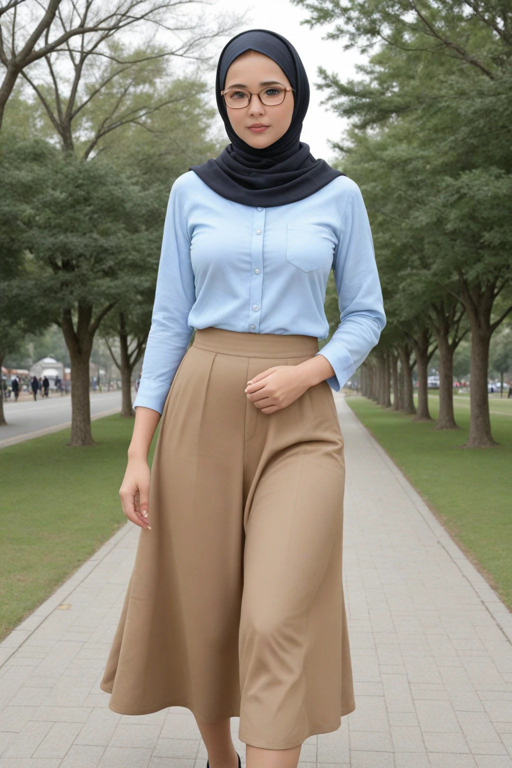  A young Arabic woman in a hijab light blue, wearing a light blue shirt, black long pants, and a white purse, light brown shoes is standing facing the viewer on the paved road. ((Full Body Professional Gemoy)) and the background was a blurry image of trees and grass.  The style is realistic and the images are sharp and well-lit.
