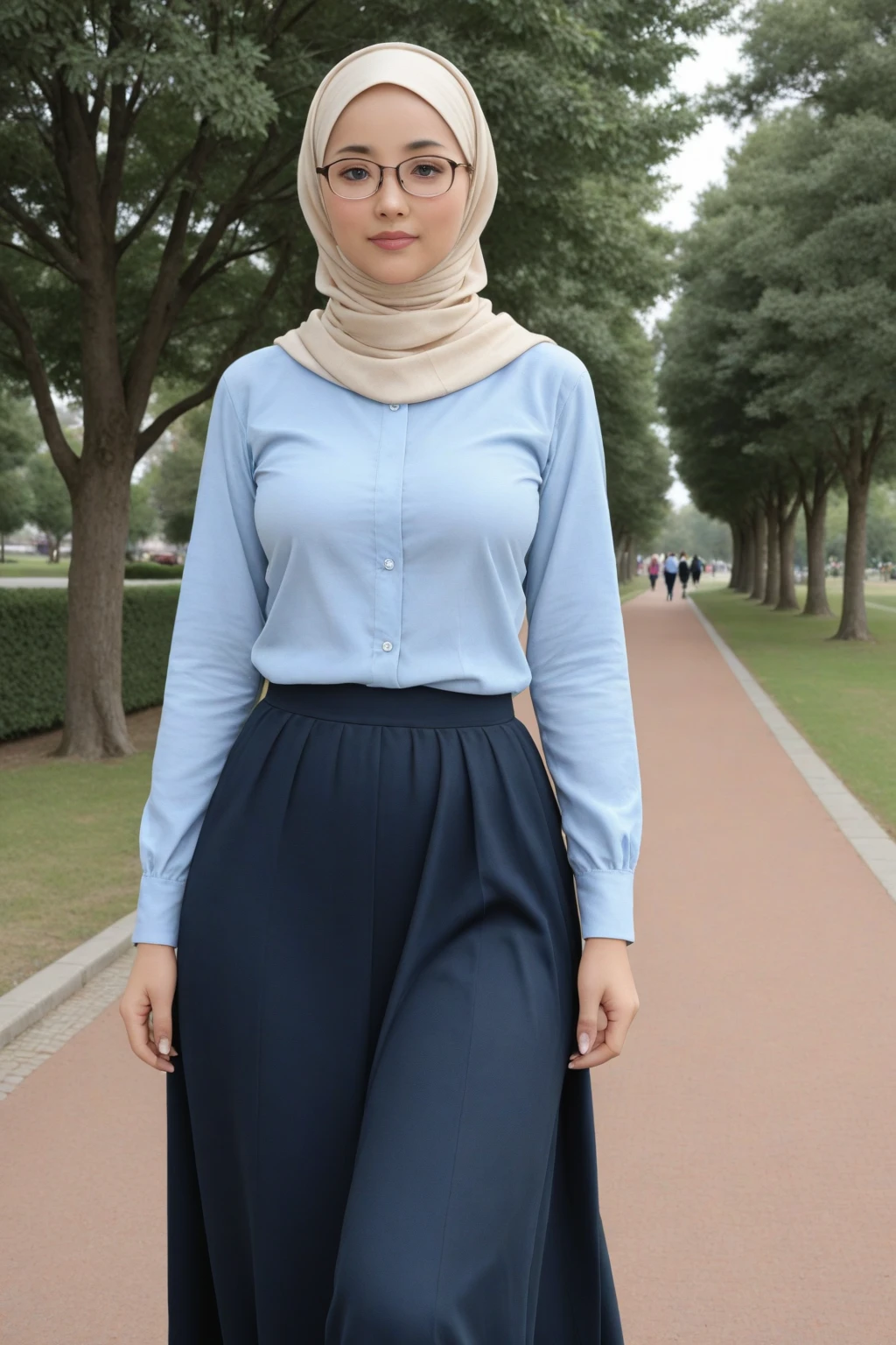 1girl, Solo, High Resolution, Masterpiece, Textured Skin, white skinned, young women, 20 years old, hijab, a young asian woman standing in a garden with a picnic table and a tent in the background. She is wearing a beige long-sleeved top and a light blue skirt, with a hijab covering her head. She has a white handbag in her left hand and is smiling at the camera. The garden is well-maintained with green grass and plants, and there are a few people sitting at the picnic table. The sky is blue and the weather appears to be sunny and warm.