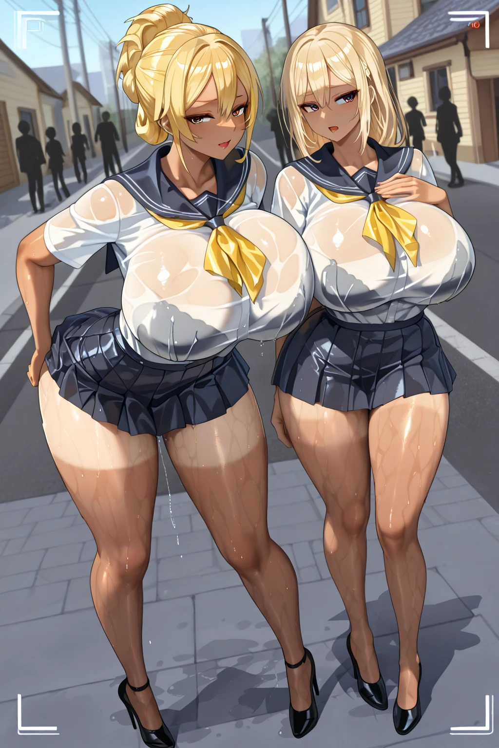 photorealistic,,[ 4 k digital art ]!!,(tanned skin:1.7),(eyelash,eyeliner),(tareme),blonde curly hair,ponytail,(plump body:1.3), detailed face,mature clothed gyaru standing in crowded street,outdoor,crowds looking at woman,(off-the-shoulder sweater and black pleated skirt:1.3),(double peace),(thick pubic hair:1.3),wet pussy,(blushed and shouting:1.5),oiled skin,(sweaty),look at viewer,(creampie:1.3),(curvy body:1.2),(trembling:1.3),excessive cum in pussy,(cum in pussy:1.3),heart-shaped pupils,orgasm,aroused,face focus,