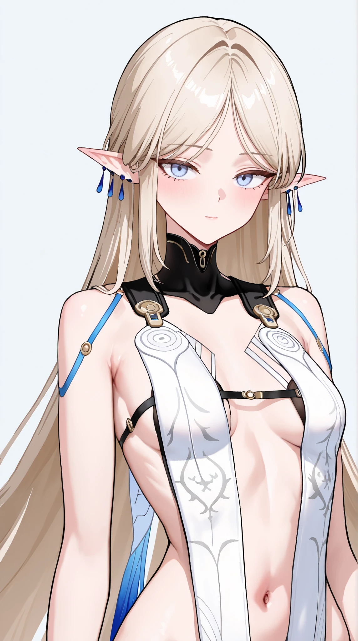 1girll, Bare shoulders, , Blush, Breasts, circle of the crone, cleavage, Closed mouth, dress, elf, Green eyes, head wreath, Huge breasts, laurel crown, Long hair, view the viewer, O-ring, O-ring top, Pointy ears, Simple background, Solo, Upper body, White background, White dress,celestine lucullus,Realistis,(Shiny skin),(Masterpiece:1.4),(Best quality:1.4),nsfw