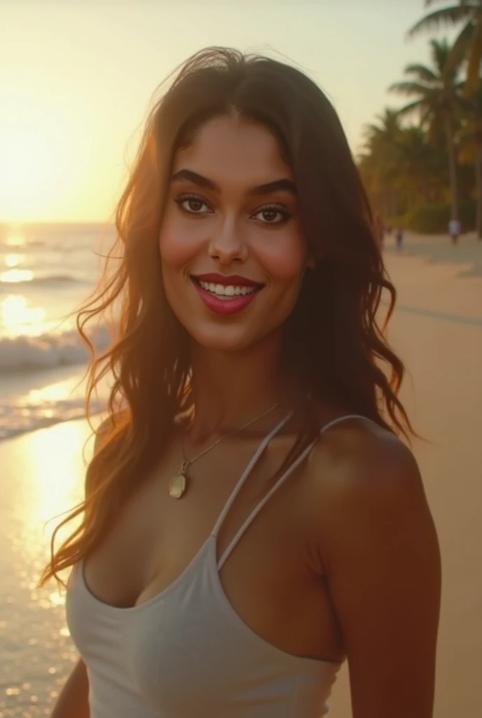 a smiling latin woman, beautiful detailed eyes, beautiful detailed lips, extremely detailed face, long eyelashes, walking on a beach at night, starry night sky, crashing ocean waves, moonlight, sand, palm trees, tropical landscape, soft warm lighting, cinematic, high quality, 8k, photorealistic, intricate details, vibrant colors, masterpiece