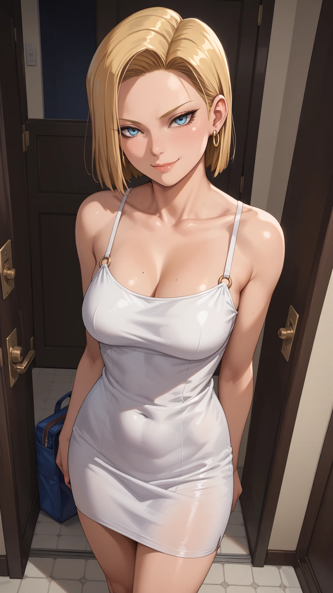 score_9, score_8_up, score_7_up, source_anime, 1boy, 1girl, mature female, mother and son, kid, smile, looking at viewer, The mother is sitting, son is clinging on mother, white dress, from behind, (focus on her hips)