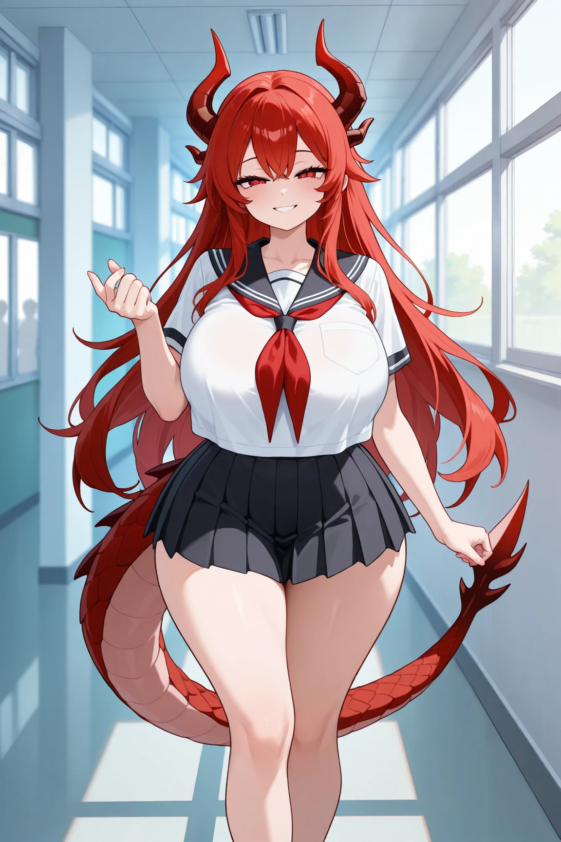Happy woman, with wolf ears and red hair, holding her cheeks, wolf tail, wearing a latex dress, looking at veiwer, full body, you can see her chest, naked breasts