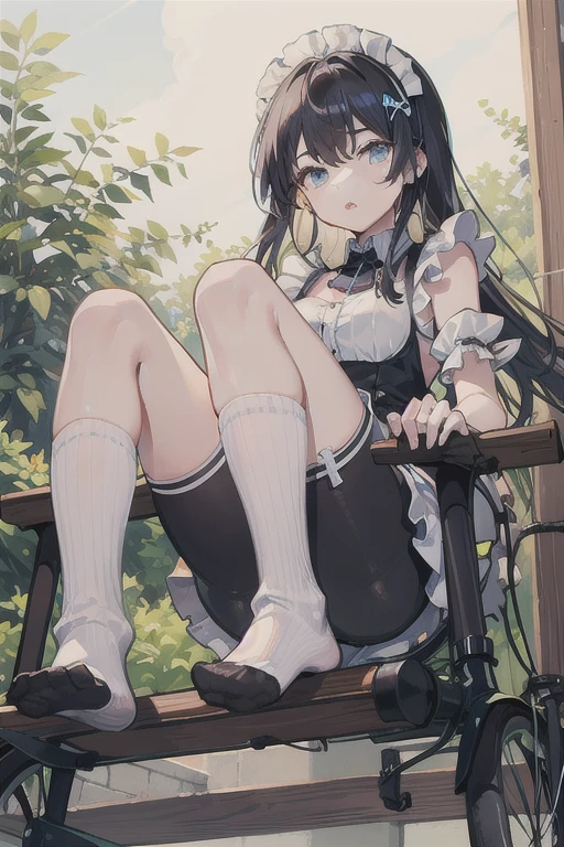 (masterpiece),1Princess,1 maid,Princess,sisters,black hair,small breasts,noble polka dot underwear, long skirt,sit,squat,Natural light, realistic, diffused light, look up from below,vapor, (lift skirt), (urination),Leakage, Pigtails,lace stockings 1,Ankle-length long dress,embarrassing red face,,In front of the flower bed in the garden,satin fabric,,Silk Fabric,