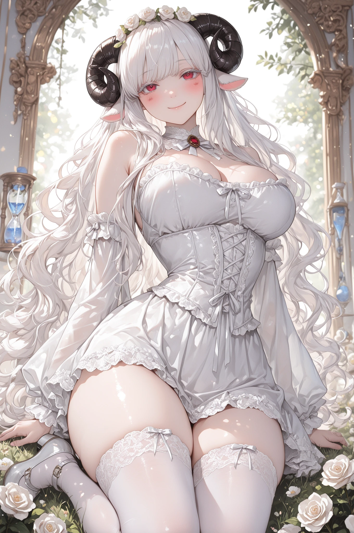 score_9, score_8_up, score_7_up, ultra detailed, from above, looking at viewer, one cute cleric girl, horns, sheep horns, very long hair, white hair, sheep girl, inocent looking face, green eyes, standing. holding a magical staff, solo, saint, white robes, golden details, wearing cleric robes and stockings, sweating skin, oiled skin, wet skin, , water drops, prefect face, gloss pink lips, large breasts, cleavage, wide hip, thick thighs, detailed feet,