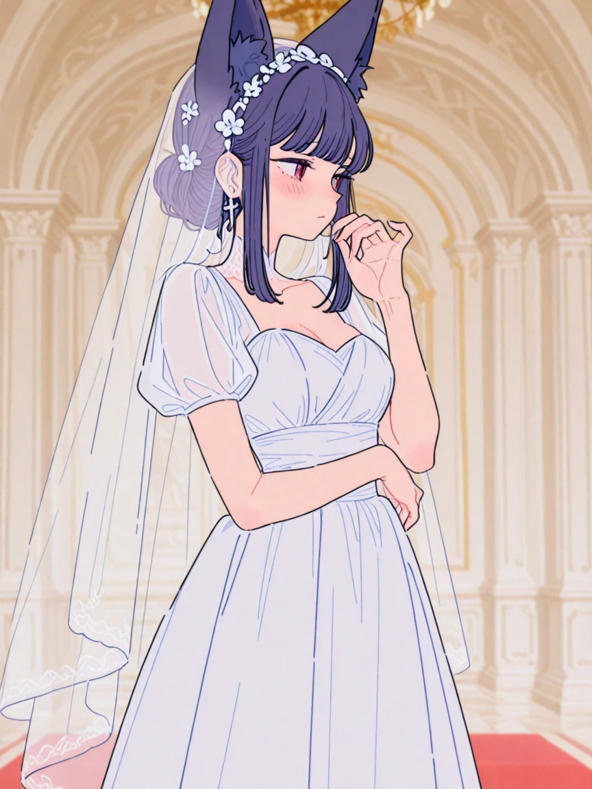 Xiaotaiqi_Kuju，Black Hair，Ponytail，masterpiece, best quality, Delicate face, Delicateeyes,  Close-up of beautiful bride in beautiful wedding dress,Gurwitz,(Wedding Veil:1.5），（Transparent short veil：1.5），blush，Flower head，hat，（Bandeau wedding dress：1.5），（Silk dress：1.2）,（Strapless Wedding Dress：1.5）,Pure white dress，necklace，earrings，(Large Breasts:1.3)，Deep V Sweetheart Neck Wedding Dress，Bangs，Lipstick，（Lace gloves：1.3）,whole body照,High detail RAW color art,White long skirt，whole body，Put your hands behind you，（（Awkward, blush, charming, Close your eyes, ，with tears in eyes,open mouth， Saliva residue,The hem of the skirt is wet, Brushed,）巨Large Breasts:1.5、Low-cut，Cleavage, Wide hips,Thick thighs）The Last Vision, Ultra-high resolution,4K,Super detailed, photography, 8k, HDR, high resolution, absurd:1.2, Kodak Portrait 400, Film Grain, Blurred background, Bokeh:1.2, lens flare, (Energetic_color:1.2),Professional photography
