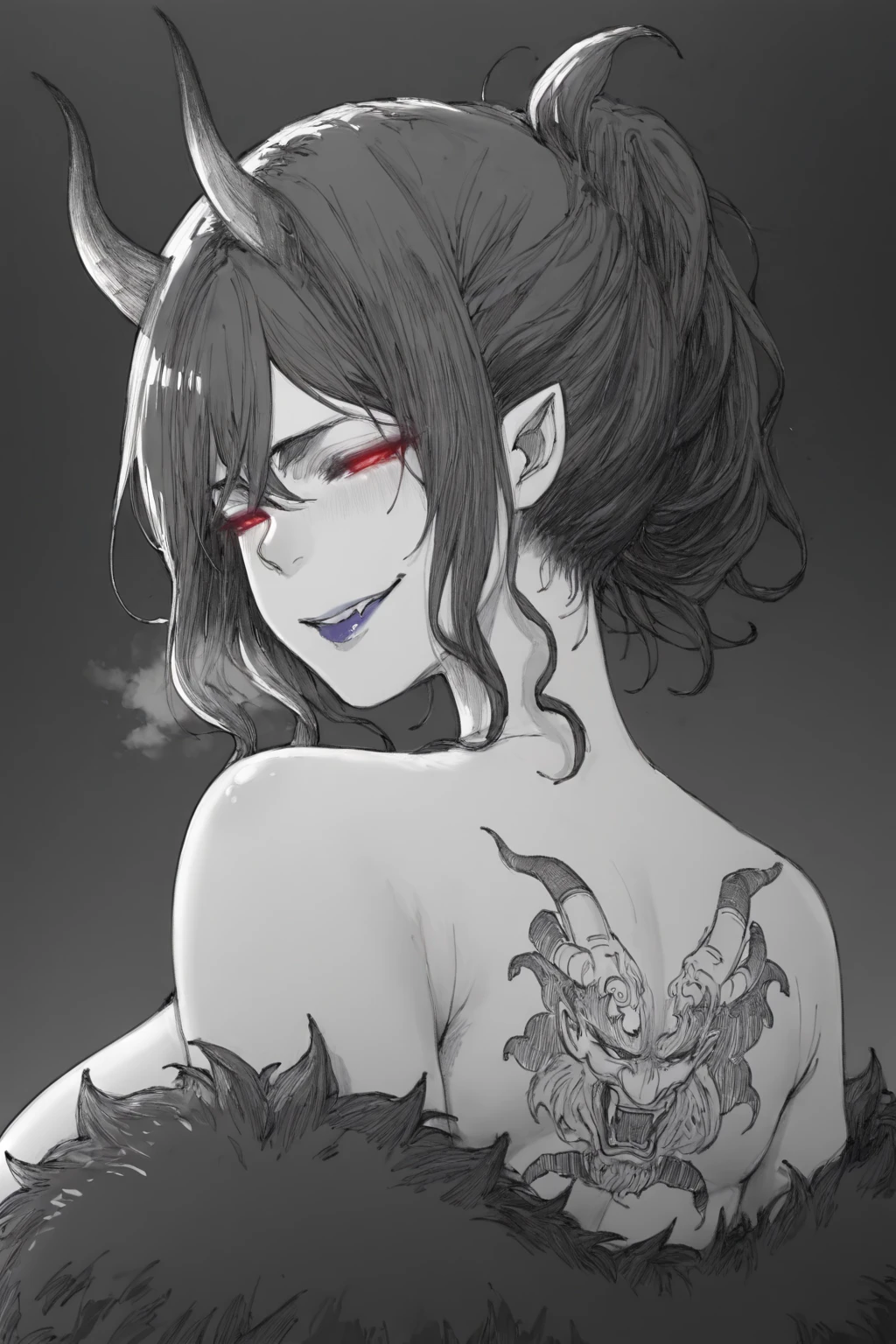 fkscrashing, ((anatomical correct)), (lineart:1.4), ((monochrome, greyscale, manga-style, spot colors)) perfect body, perfect eyes, perfect fingers, gasping, heavy breathing, gasping profusely, (()), ((curvy)), enigma, vampire, long hair, ((black hair)), hair between eyes, red eyes, pale skin, purple lips, lipstick, pointy ears, , (voluptuous:1.5), (mature female:1.5), ((vignetting)), (aura), (black aura:1.2), 1girl, horns, back_tattoo, tattoo, evil smile, detailed teeth, solo, looking_at_viewer, looking_back, teeth, bare_shoulders, oni_horns, glowing, upper_body, black_background, glowing_eyes, off_shoulder, sidelocks, from_behind, fur_trim, oni,