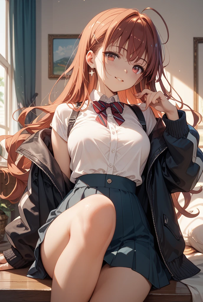 Masterpiece、Highest quality、highest quality、 ((panic))、Shiny hair quality、Small face、Sitting、Super detailed and beautiful bright eyes、Ultra-detailed, clear and beautiful faces、(cute illustration:1.2), High-resolution, ultra-detailed, best quality, embarrassed、(Gaps in shorts).(Cute underwear that can be seen at a glance)
