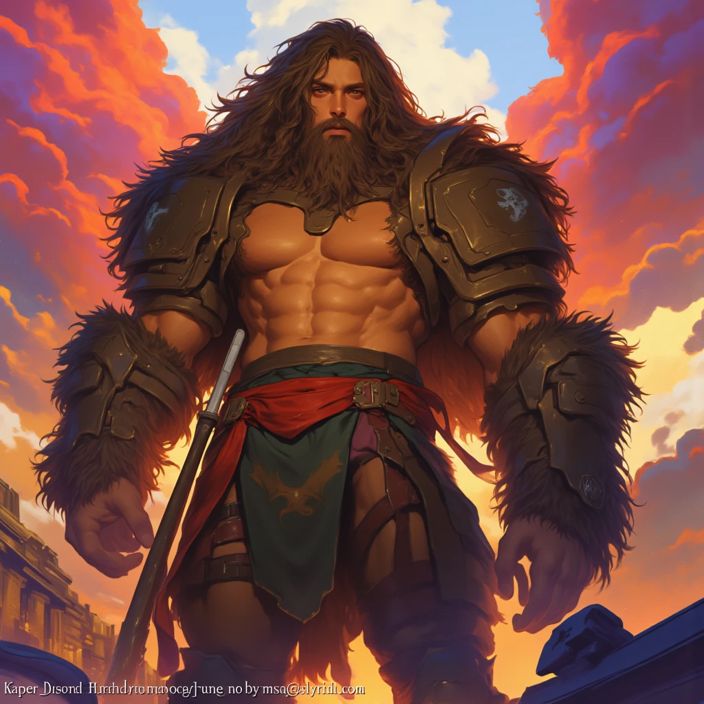 masterpiece, best quality, oil painting, 1boy, beard, facial hair, fantasy, long hair, male focus, manly, medieval, muscular, abs, solo, open clothes, smoke, abstract background, <lora:BearlySD:0.8>,