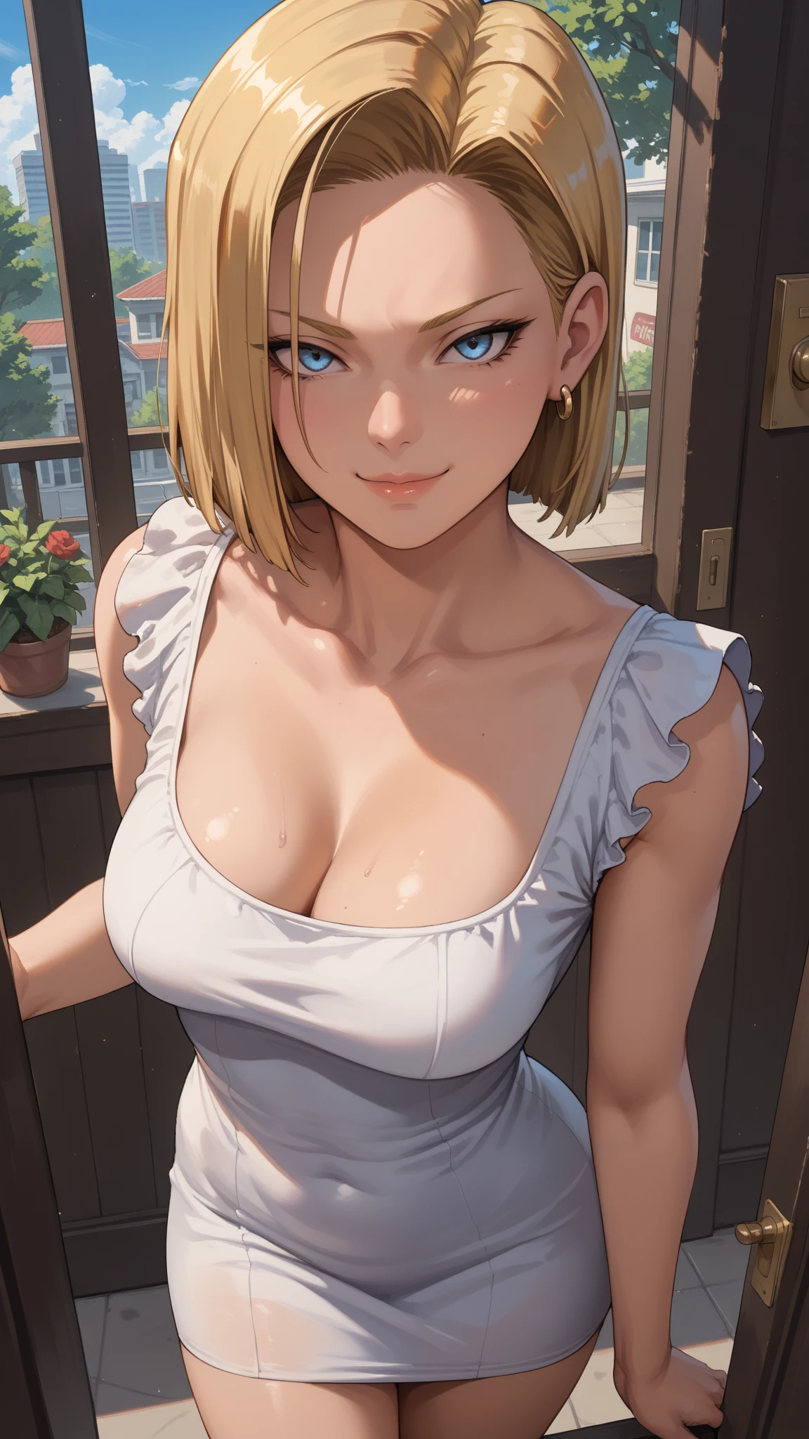 Fille sexy, large breast, roof of a hotel, sun set, seductive, chemise blanche, cheveux blonds, blue eye, detailed eyes, hourglass _forme du corps, Ultra detailed, 4K Ultra HD, smiling, flirty smile, blushes, jewels, 比基尼,