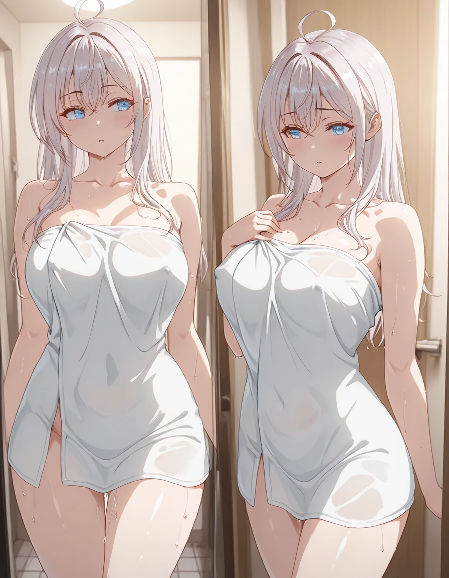 (8K, Highest Quality, Masterpiece:1.3)), Ultra HD, (2 girls, Duo), (Color changing eyes, Ultra detailed, Expressive glow, Sparkling eyes), Very detailed eyes, Very detailed face, Random hair, (Silver grey color), Exposed, 2 people standing side by side, Wool bathrobe, (Cute panties:1.3), (Ecstatic expression:1.4), White skin, Seductive, Cleavage, Wet panties, Glass shower room, Breasts pressed against glass, 2 people visible through glass