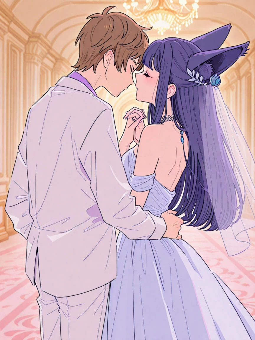 Male to female,Purple Golden Dragon Girl,design,性感Fun,White and purple lace hollow,紧身Fun,Wedding high heels,front,kiss,beautiful girl,Fun