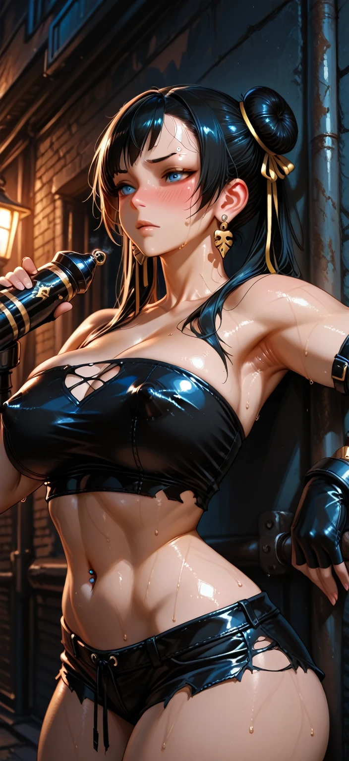 1girl, beautiful face, ((perfect eyes, beautiful eyes, light yellow eyes)), perfect body, well distributed body, thin waist, big breasts, big ass, thick thighs, well defined thighs, athletic body, defined body, ( (dark skin)), skin texture, shiny, sweaty skin, (((multiple scars all over her body))), long braided hair, shiny blonde hair, expired character in a female fighter. Wearing tight micro shorts, export shirt, barefoot, perfect hands. Character in doing a dynamic karate pose. Background an academy of fighters extremely detailed with rich details. Prepare to be amazed by the astonishing level of detail in this ultra-realistic 10k high resolution artwork, where the fusion of Digital Painting, Anime Art, (masterpiece: 1.5) (photorealistic: 1.1) (bokeh) (best quality) (detailed skin texture pores hair: 1.1) (intricate) (8k) (HDR) (wallpaper) (cinematic lighting) (sharp focus )