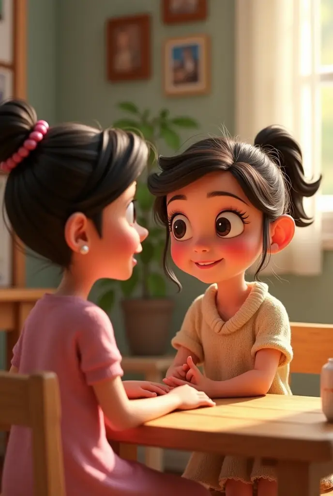A pixar style girl talking to her mother