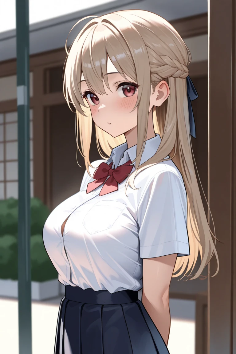 Highest quality, masterpiece,, figure, wallpaper,One girl, alone, , White shirt, Black Skirt, Light Hair, Semi-long hair, Beautiful detailed girl, Highly detailed eyes and face, Beautiful attention to detail, shy, nature_Lighting, shine,Browsing Caution, clean null, View your viewers, Outdoor, night null, star (null), loafers, Black Pantyhose, Blue bow tie, Straight hair, Purple petals, Purple and blue flowers, Red Eyes, ponytail, Blue Ribbon,Gray Hair, thick_Thighs, Large Breasts, Red eyes,