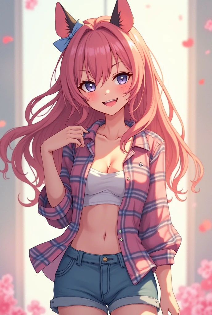 an anime trans girl with prominent dick in trouser