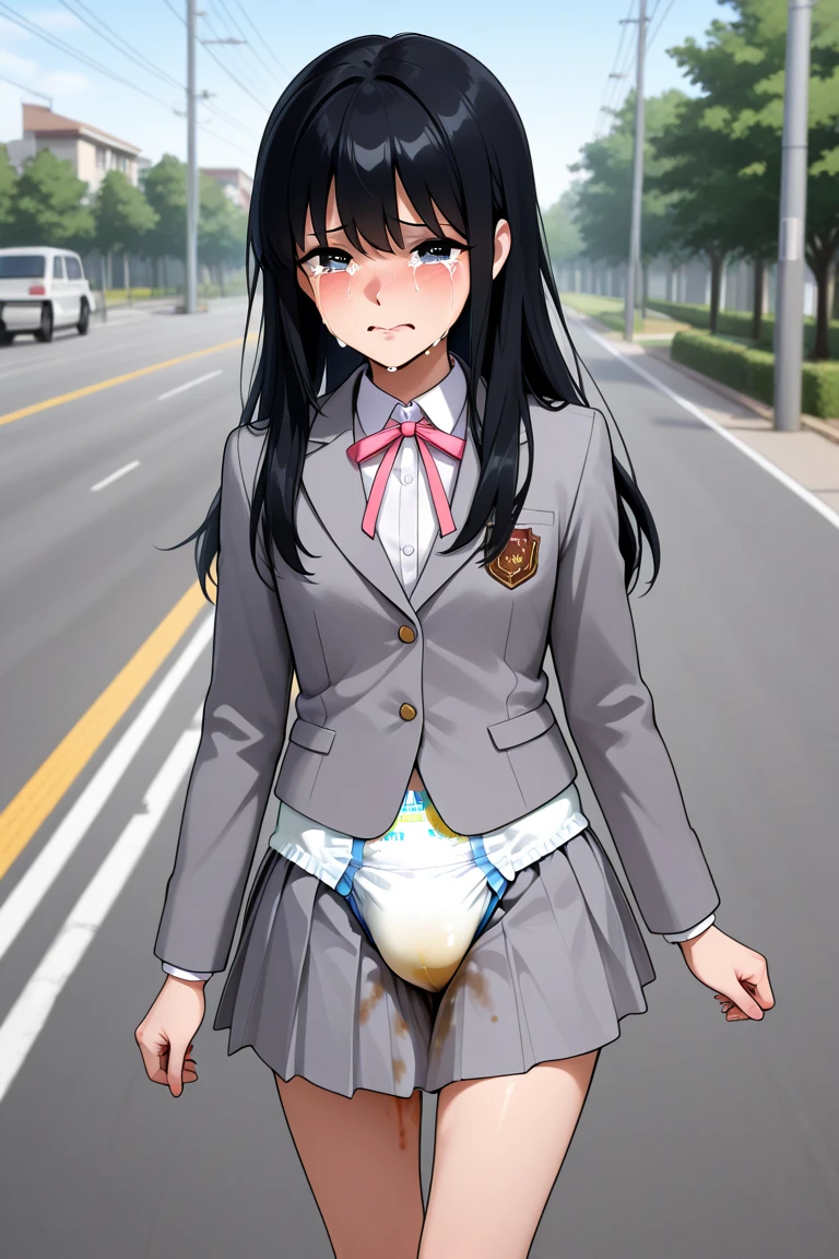 nsfw, (masterpiece, top quality, best quality, highly detailed:1.6), extremely detailed CG unity 8k wallpaper, strong facial expression, (at midnight), night, at dawn, (sharp eye:1.2), (scowl:1.1), (embarrassed, blush:1.3), (steam:1.8), (wet:1.2), (sweat:1.1), (trembling:1.3), (open mouth, wavy mouth:1.4), (harf open eyes:1.5), (feeling weak:1.5), (shoot from front, looking at viewer:1.2), (squatting, skirt lift, clutching skirt:1.6), (downtown street, downtown alley), edgpdress, (1 woman, outdoor, business suit:1.4), ((black suit, Pencil Skirt, tight skirt)), high-heels, (long hair, brown hair, pubic hair, Brown:1.5), (woman trembling with sexual climax:1.5), colorful, full body, wide shot, perfect composition, (chrotch, pussy, urethra, panty, panties), urination, incontinence, piss, peeing self, (((pee stream))), (pee puddle), wetting herself, pee stain, large breasts, Yellow pee, ((leaking pee)), puddle of pee, Pee at your feet, Pee spread on the floor, Pee stains, Dripping pee between my legs, Feet wet from pee, Pee-covered feet, Pee at your feet, want to pee, about to pee, Full bladder, Pee-soaked skirt, Pee-soaked high-heels, natural makeup, A pair of partially removed panties is hanging around one of her ankles,