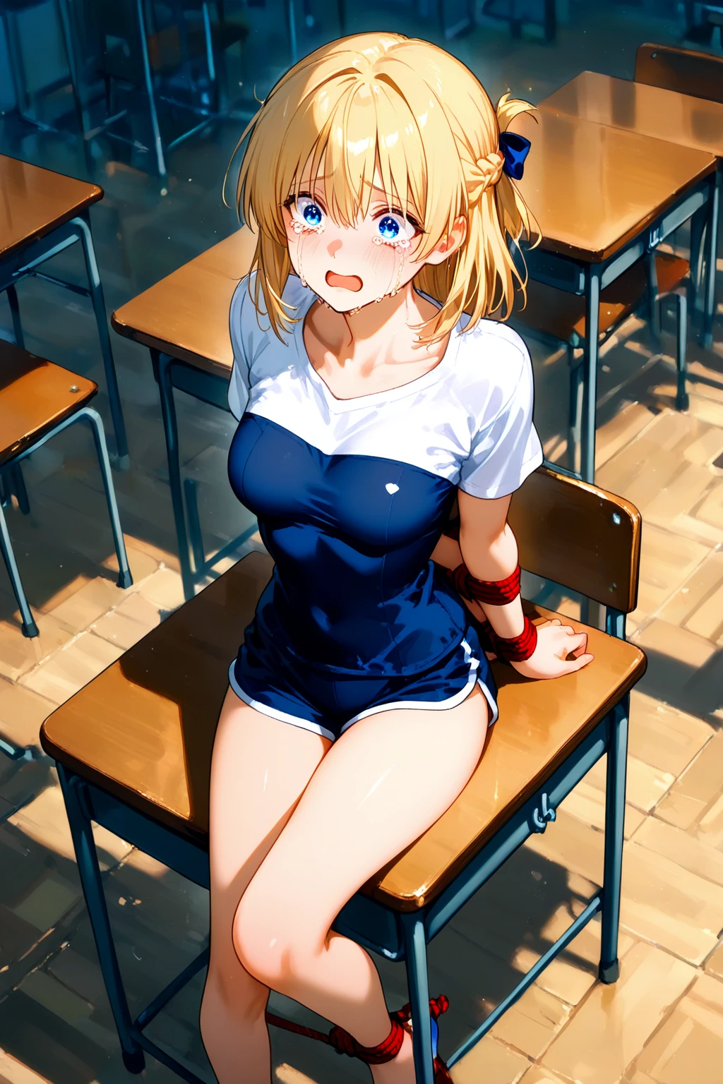 Highest quality, Super detailed, masterpiece, Ultra-high resolution, 8k, Ridiculous, Embarrassing, blush, Lovely, Close one eye, With tears in her eyes and her mouth open, drooling, (arms behind head), (wariza),Classroom Background,[1girl, tsunade \(naruto\), naruto \(series\)], (medium breasts), (off-shoulder school uniform), cleavage out, crop top navel, Waistline