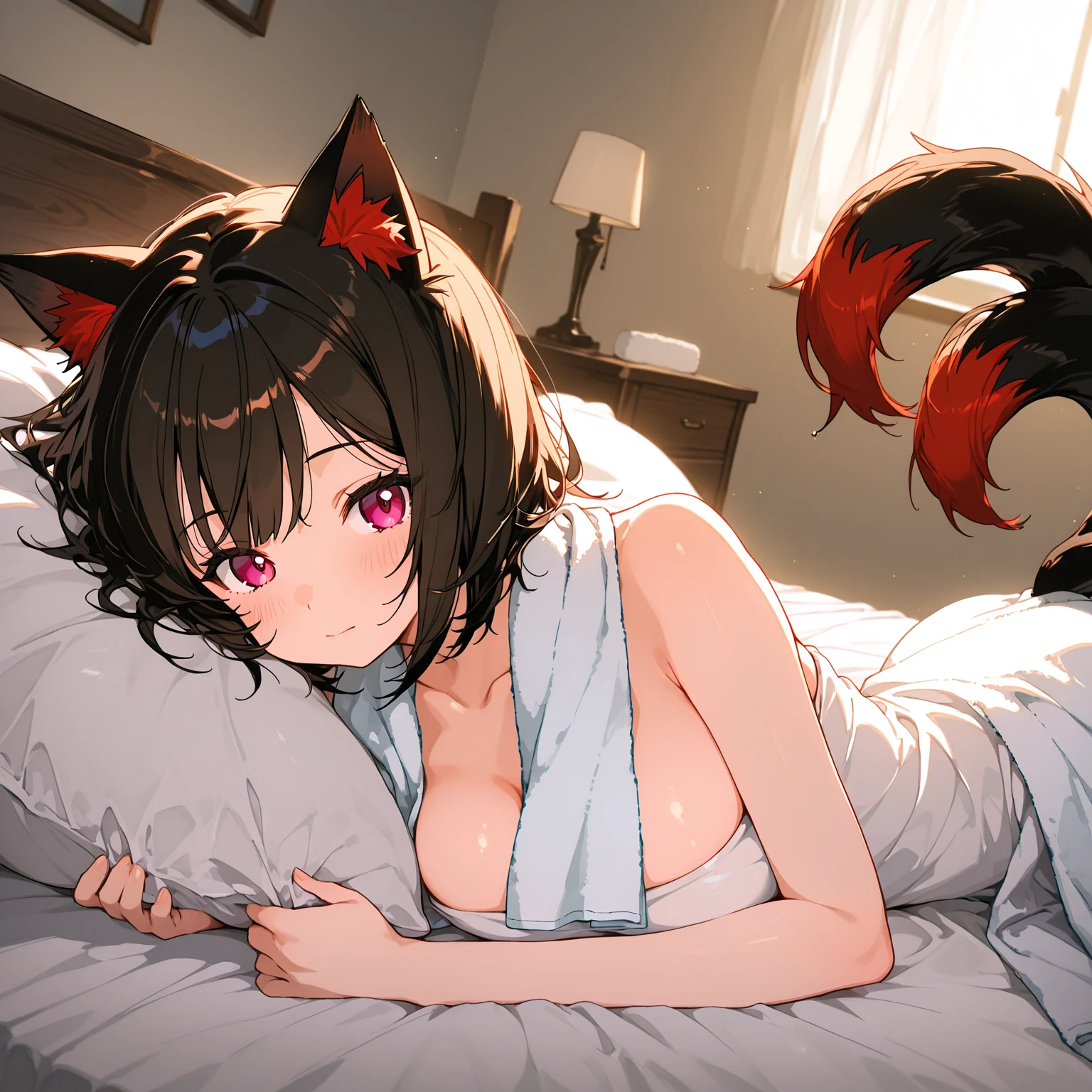 create a photo of a lofi girl laying on her bed in an New York styled loft . The girl has on headphones and there is a cat in the room with her sitting on her computer desk. The girl is surrounded by several shopping bags all over her room with the brand "IZOASIS" on the shopping bags. 
