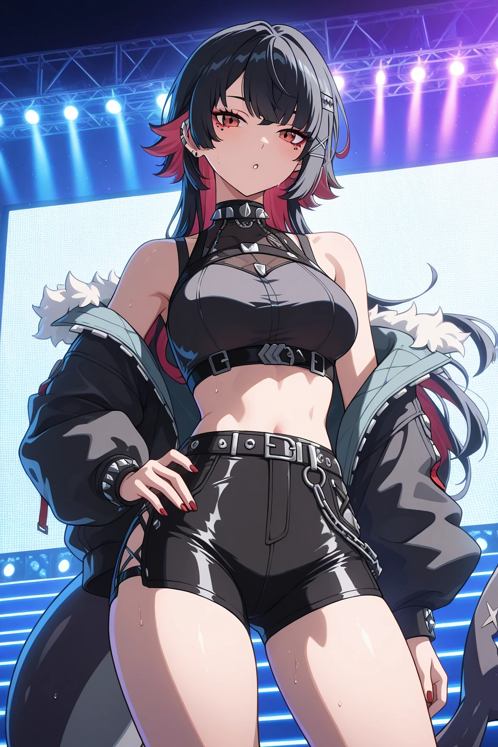 (work of art:1.2, best qualityer), (1 lady, standing alone, trunk:1.2), body hair: shaved on one side, a long time on the other side, dyed bright blue, make up: audacious, graphic eyeliner with rhinestones on the outer corners of the eyes, badass clothing: one made by hand, one of a kind, patchwork jacket with fringe, paired with black leather shorts and fishnet stockings, Accessories: a silver nose ring and multiple ear piercings with unique jewelry, Attend a music festival or alternative fashion event