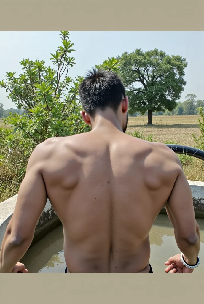(a shirtless cute and handsome teenage Filipino-chinese 18 years old boy, standing turn back naked ass,not wearing shorts or pants,full body, face like thai actor"โฟร์ท ณัฐวรรธน์ ,white skin tone, wet hair wet body photorealistic:1.37), (best quality, 4k, masterpiece:1.2), ultra-detailed, realistic:1.37, professional, vivid colors, bokeh, sharp focus, physically-based rendering, slim body, no muscle body , natural lighting, standing take a shower in open air bathroom , soft skin, gentle sunlight, warm color palette