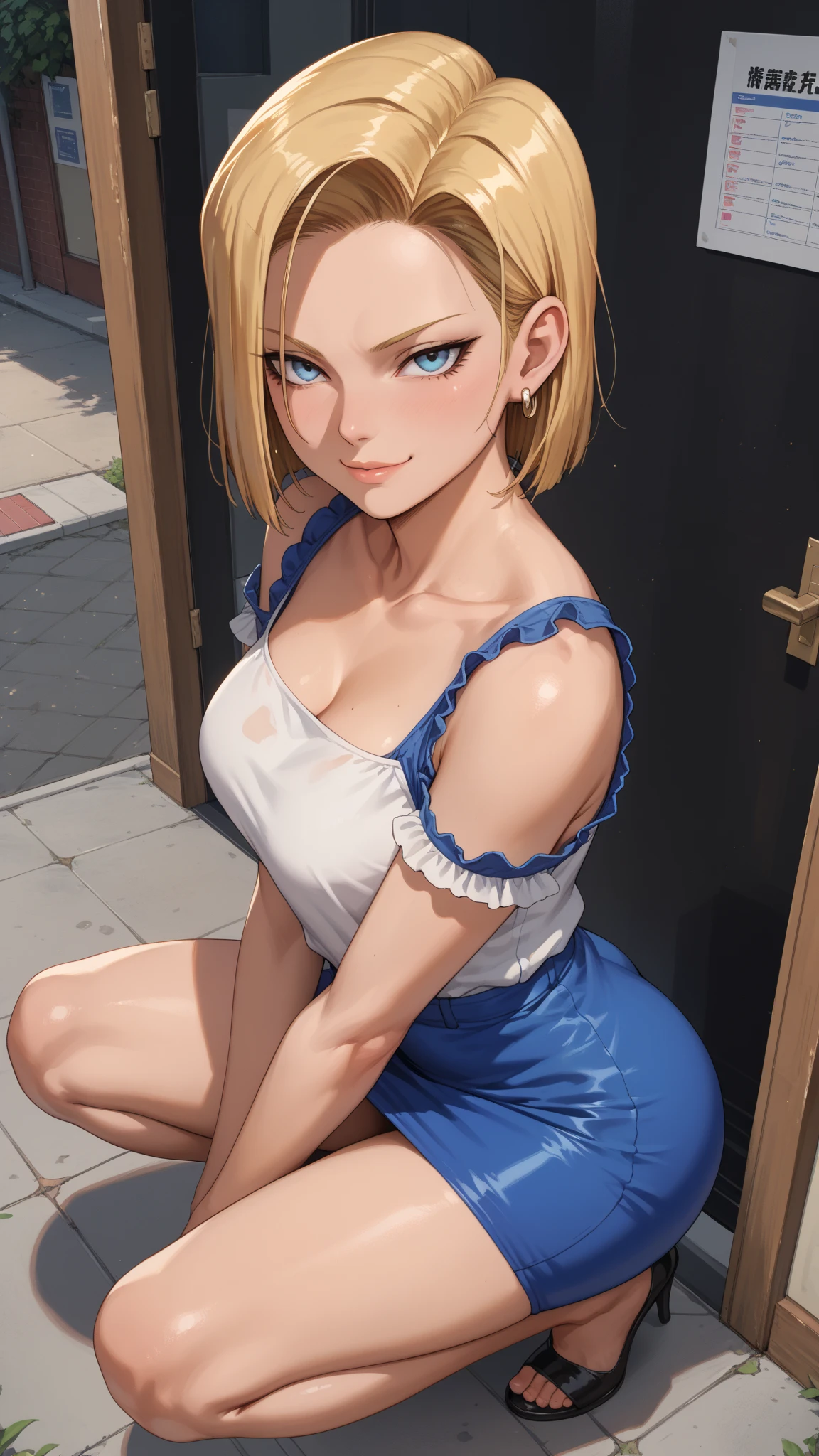 (masterpiece), Best quality, anime, good anatomy, one girl (android 18), vagina, low growth, skinny, blue eyes, Big breasts, realistic face, horny face, blonde hair, short haircut, Naked, black shirt, panty hose, sits, Spread your legs, Hands behind your back, bright colours, street, Reflectors, 8K masterpiece, super detail, film movie, best quality, best ditails, detailed face, detailed eyes