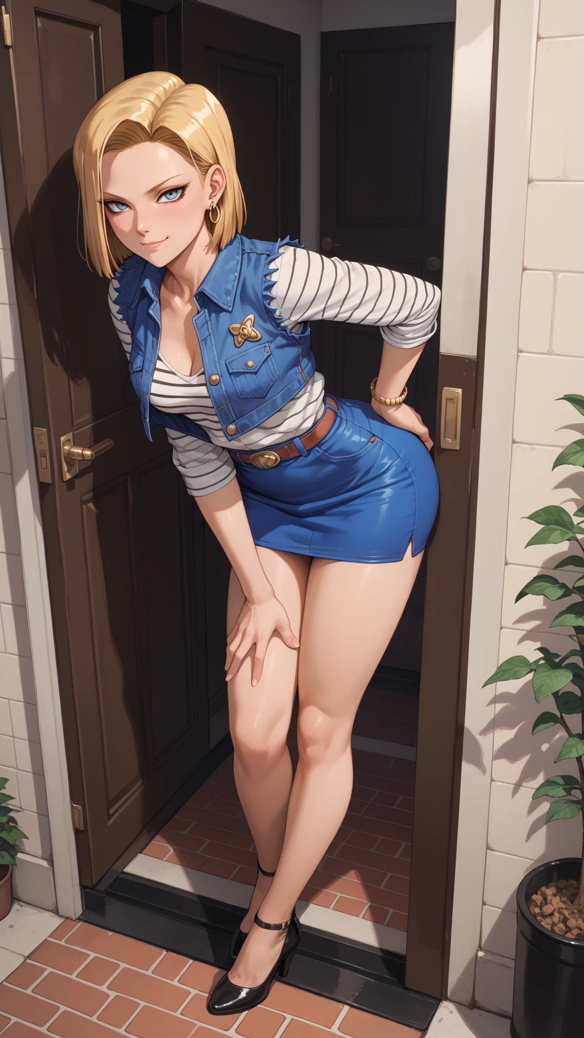 best quality, highres, and18, 1girl, android 18, solo, blonde hair, blue eyes, short hair, earrings, jewelry, full nude, medium breasts, full body, high heels