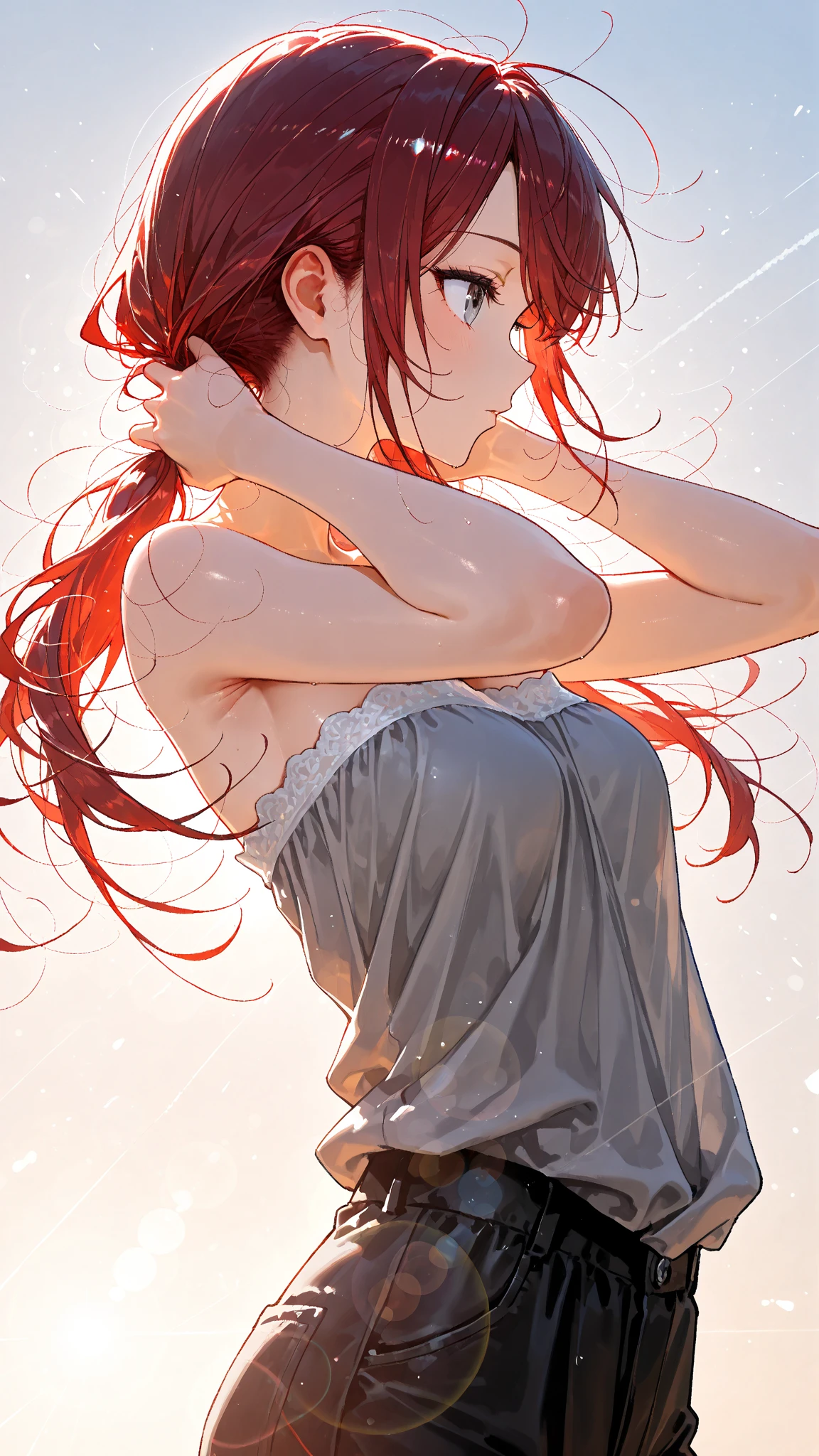 lens flare,lensflare-style,Colorful,(masterpiece, best quality),Beautiful woman,air focus,hands in hair, beautiful strands of hair flying in the air, profile shot with hair as the main focus,long-hair,dark red hair, swept bangs, low twin tails, gray eyes, strapless gray shirt, black trousers,(Each hair delicate),(Delicate hair:1.3), (individual hair strands:1.3), finely drawn hair, (sharp lines:1.1,((dutch angle))
