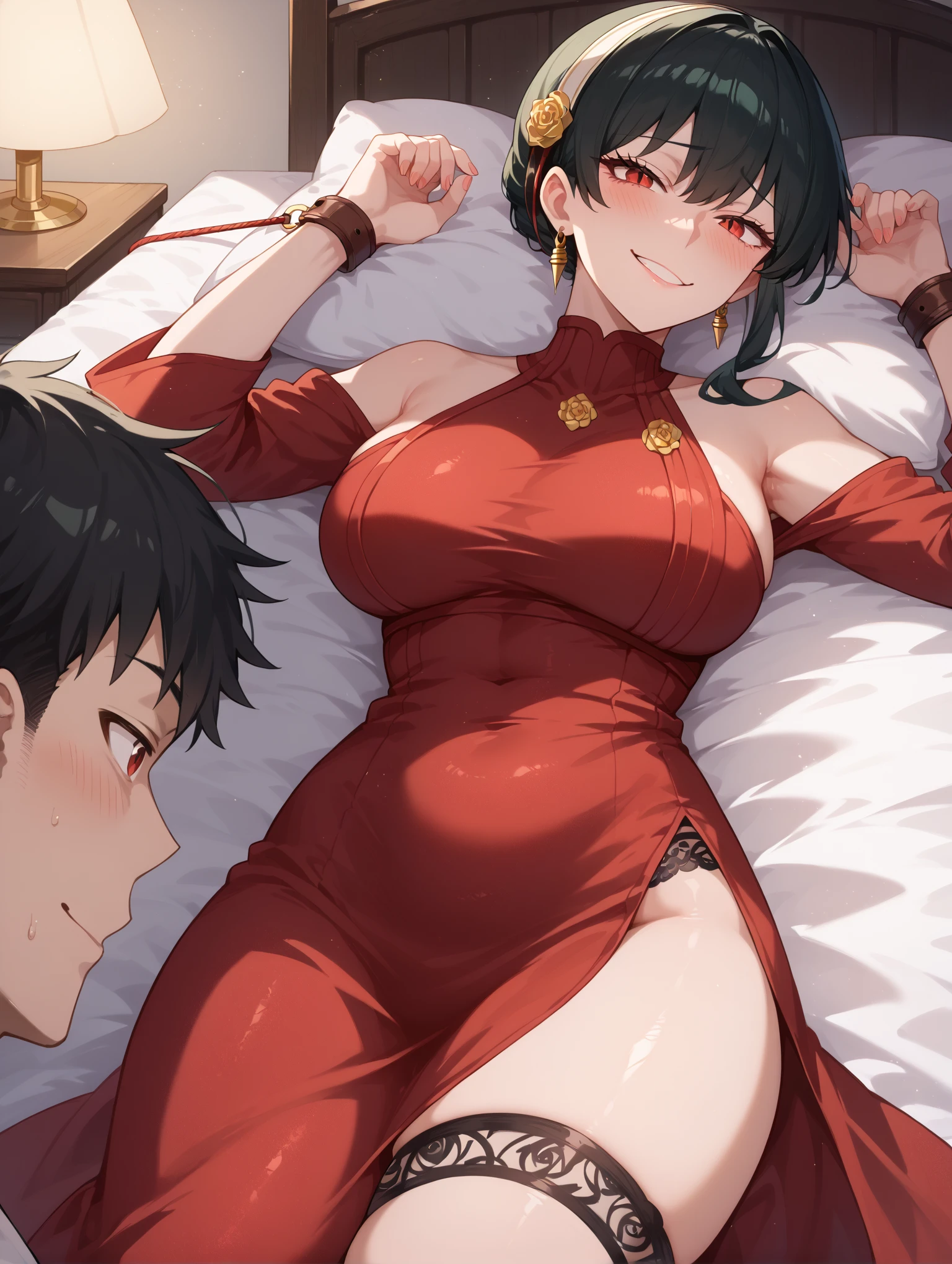 Period drama manga style A 15-year-old super beautiful Chinese girl with black hair in a bun cut(1 person) She is wearing a royal red long-sleeved Chinese dress with embroidered family crest. In a dimly lit bedroom Floral Futon She is forced to spend the night with the perverted old emperor and cries in fear. She exposes her nipples and starts having sex with a penis inserted into her pussy in a cowgirl position. She loses her virginity and becomes pregnant She was creampied with cum from a high-speed piston