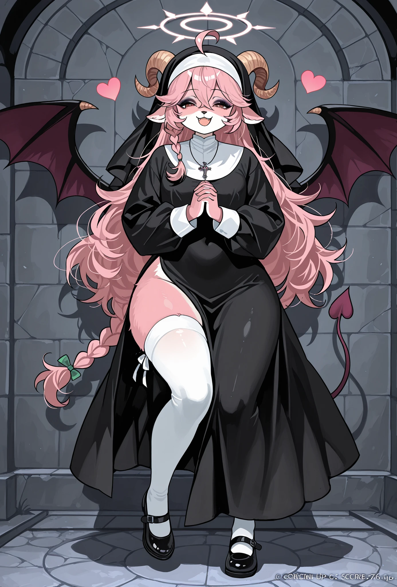 master masterpiece, 4k, score_9 , score_8_up , score_8 , score_7_up score_6_up score_5_up score_4_up, 1girl, solo, <lora:se_v1_epic_style:1>, full body, furry, anthro, goat, faun, young, young girl, slender body, wide , extremely detailed face, pink fur, pink hair, very long hair, ahoge, braid, halo, horns, black_demon_wings, low_wings, ahoge, sedutive smile, open mouth, ahoge, sadistic, eyeshadow, dark, nun, goth, goth nun, cleric, heart necklace, succubus nun, love nun

