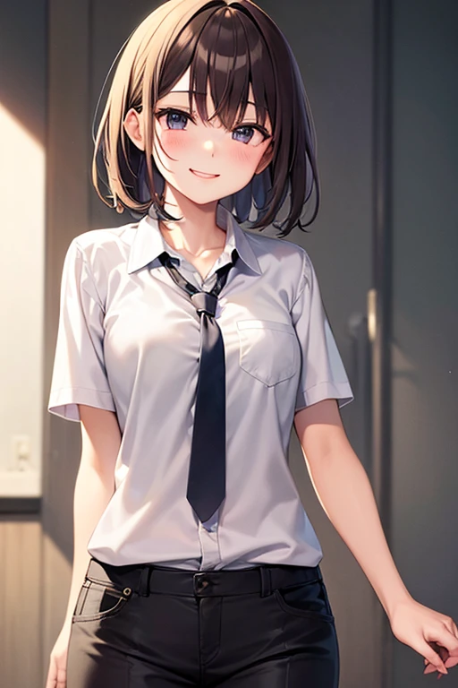 学生服のtieを締めた可愛いアニメの女の子がカメラを指差してピースサインをしている, One girl, skirt, 一人in, Brown Hair, tie, shirt, blue eyes, chest, smile, pleated skirt, looking at iniewer, in, short sleeines, white shirt, blush, Open your mouth, short hair, black skirt, large chest, bangs, collared shirt, Cowboy Shot, Are standing, chest, ((See through))