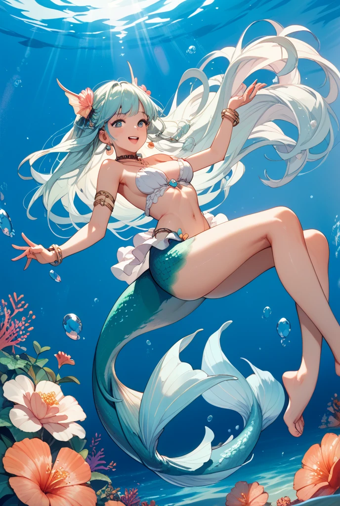 Mermaid swimming gracefully in the sea, Blue scales, The area below the shoulder is covered with fine scales., silber hair, Earlobes are fins, A scale arm covering that sticks to the skin, elegantly spread caudal fin