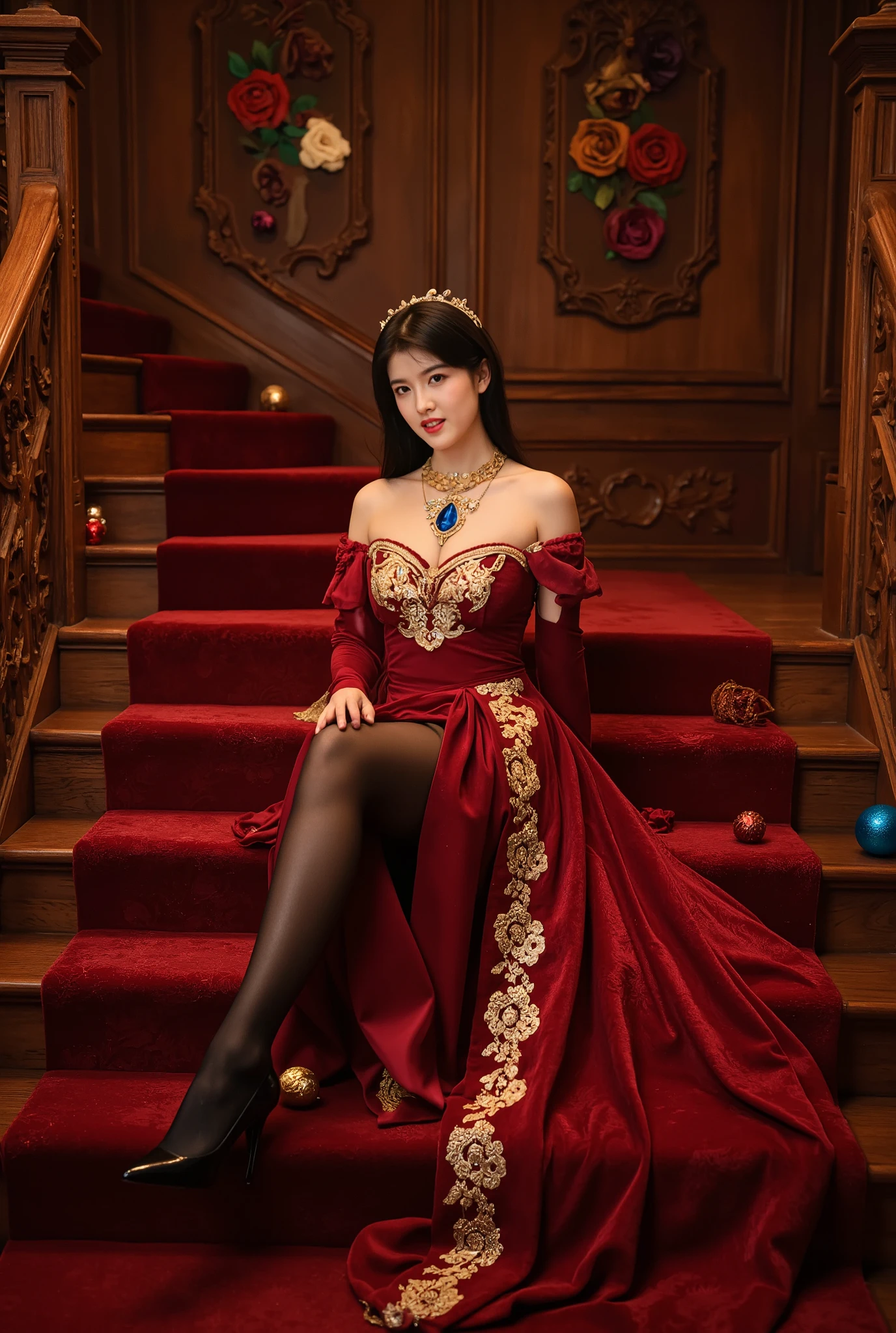 36 year old woman wearing a queen crown sitting on a throne with a red velvet cape in the throne room of a palace