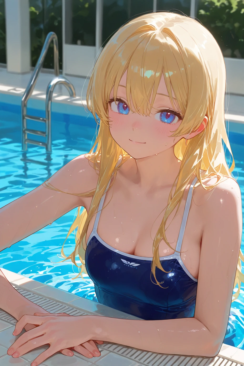 最high quality、Best image quality、masterpiece、With a girl((cute、16 years old、Best Bust、Medium Bust、Beautiful Blue Eyes、Spread your chest wide,Blonde、Slender、The best valley、Blue school swimsuit,Show the whole body、Blue Mesh,swim,smile)）high quality、Beautiful art、background((summertime、Pool facilities、A large number of people々)),Tabletop、Exquisite design、Visual Arts、Depth of written boundary、Best lighting、Highest detail、8ｋ