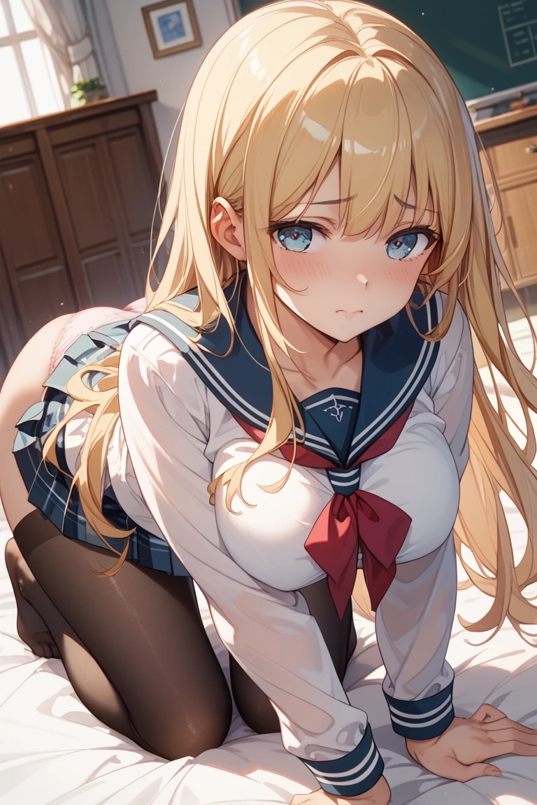 (looking up:1.3),(Blonde,Long ponytail),(Very curled hair,Blue ribbon,Bright blue eyes,freckles),(mega breasts),high school girl,,(Navy Blue,Cute Sailor Uniform,Checkered Pleated Skirt),BREAK,(Lift up the skirt:1.4),(striped panties visible:1.3),(pubic hair:1.2),(cameltoe:1.2),(frown:1.2),(angry:1.4),contemptuous,disdain,(hate:1.4),looking down