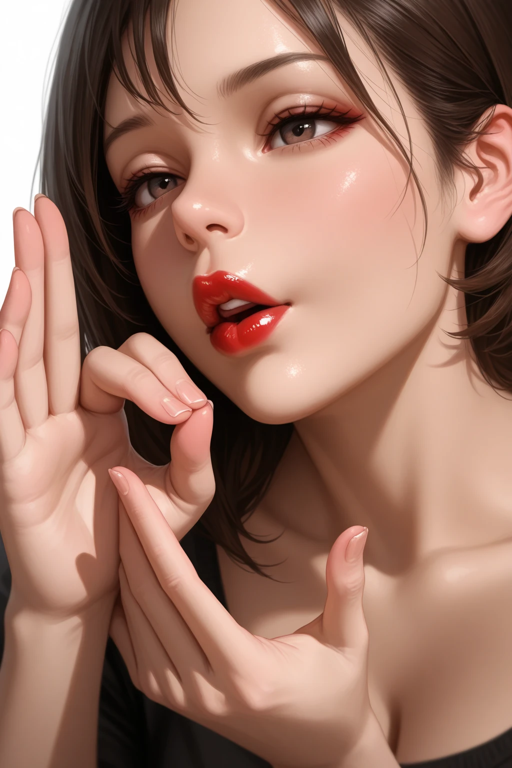 (((Masterpiece))), diffused light, dynamic shadows, sharp focus, realistic, detailed, highres, absurdres, white background, no bra, photorealistic, lifelike, steamy, sweaty, mascara, blushing, sleeveless, youthful appearance, moaning, lip gloss, laying down, (((bare skin))), ((slim)), ((sweet looking))