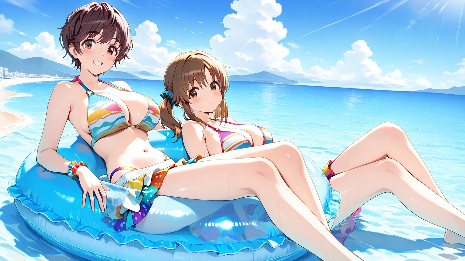 ((Top Quality)), ((Masterpiece)), ((Details)), perfect face, perfect body, sitting by the beach, listening to music, wearing headphones, wearing swimsuit, transparent swimsuit, wearing clothes exposing tight hips and breasts Woman with face visible, sitting with legs apart