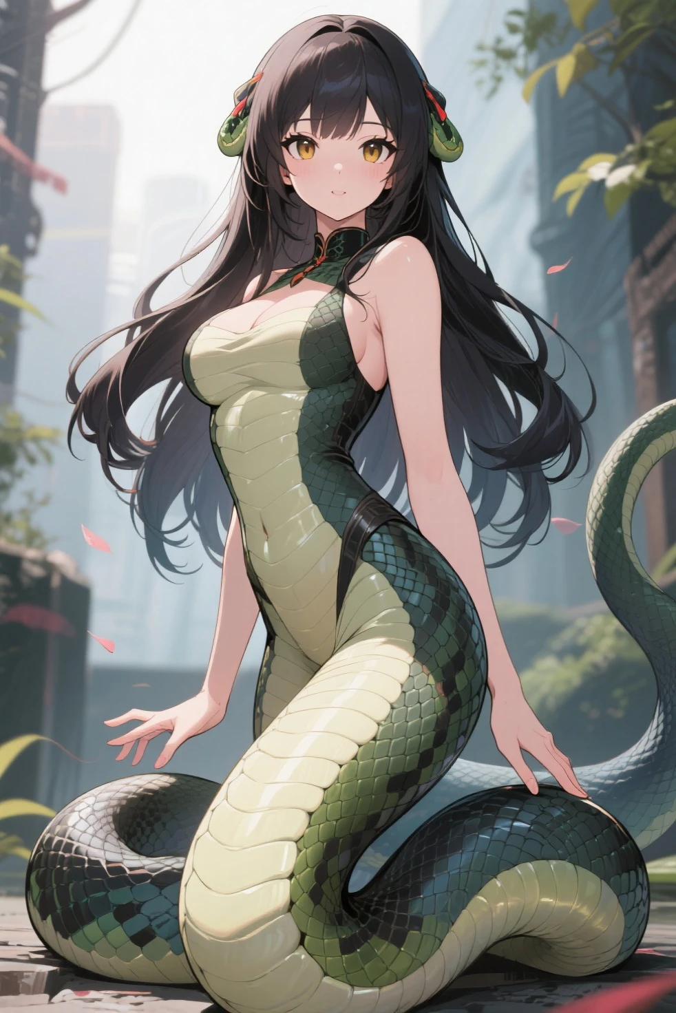 full body, beautiful, (masterpiece:1.2), (best quality:1.2), perfect eyes, perfect face, smiling, perfect lighting,lamia, 1girl, black hair, brown eyes, ((green scales)), ((long hair, straight hair)), tanned skin,medium breasts,street, sliding down a street, urban clothing, modern clothing standing,