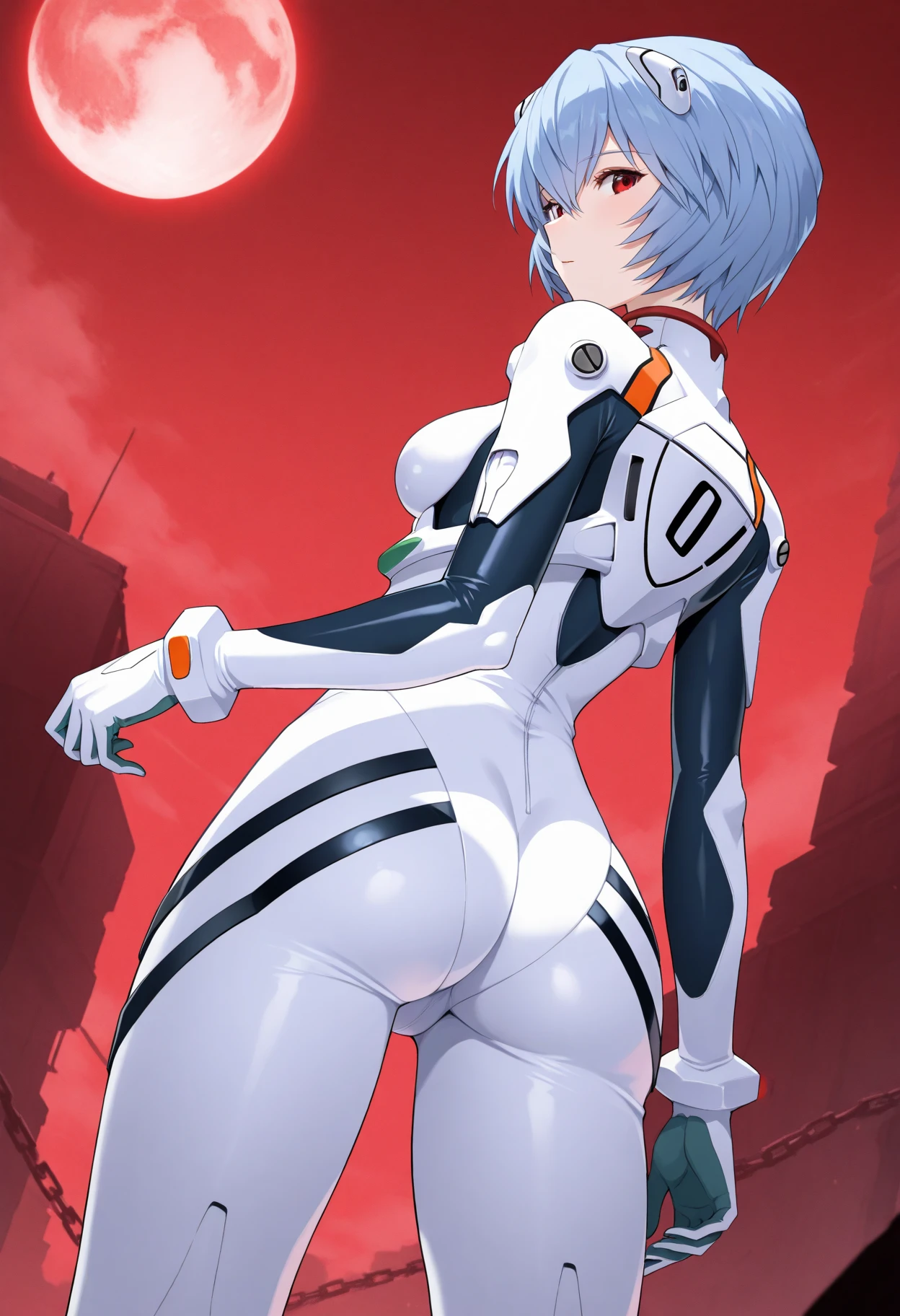 ((Highest quality, 8k wallpaper)),(masterpiece, Highest quality),Very detailed,High resolution,(Official Art:1.3),(((Anime screenshots,Black outline))),One girl,alone, Break mer1,(Rei Ayanami {Neon Genesis Evangelion,}1.2),masterpiece, best quality, outdoor, 1girl, Solo,red eyes,short hair,blue hair, (White plug suit:1.4), skin tight,(Tired look, A look of regret, Struggled, Half-closed eyes, fear, humiliation, Frightened, anxiety:1.3),(((Covered in sweat, Mass sweat, Sweating profusely,steam:1.7))), (looking back,kneeling, hand on own ass:1.8), (Dirty Costume with mud,gym storeroom:1.5)(((sweat,Sweatdrop,flying Sweatdrops, sweating profusely,wet,wet clothes,wet hair,messy hair))),