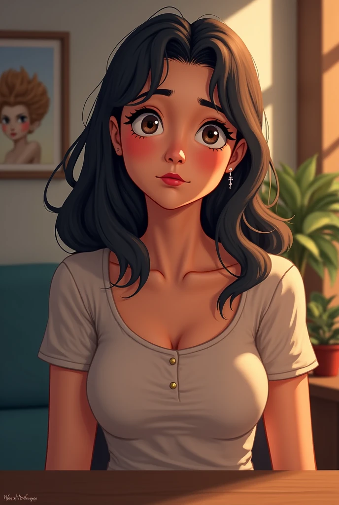 a cute chubby girl with huge black hair, giant hair, short stature, full ???????, blushing look, embarrassed expression, wearing a sweater, dark chocolate skin, (best quality,4k,8k,highres,masterpiece:1.2),ultra-detailed,(realistic,photorealistic,photo-realistic:1.37),highly detailed face, detailed eyes, detailed nose, detailed lips, gorgeous detailed portrait, soft pastel colors, warm lighting, glowing skin