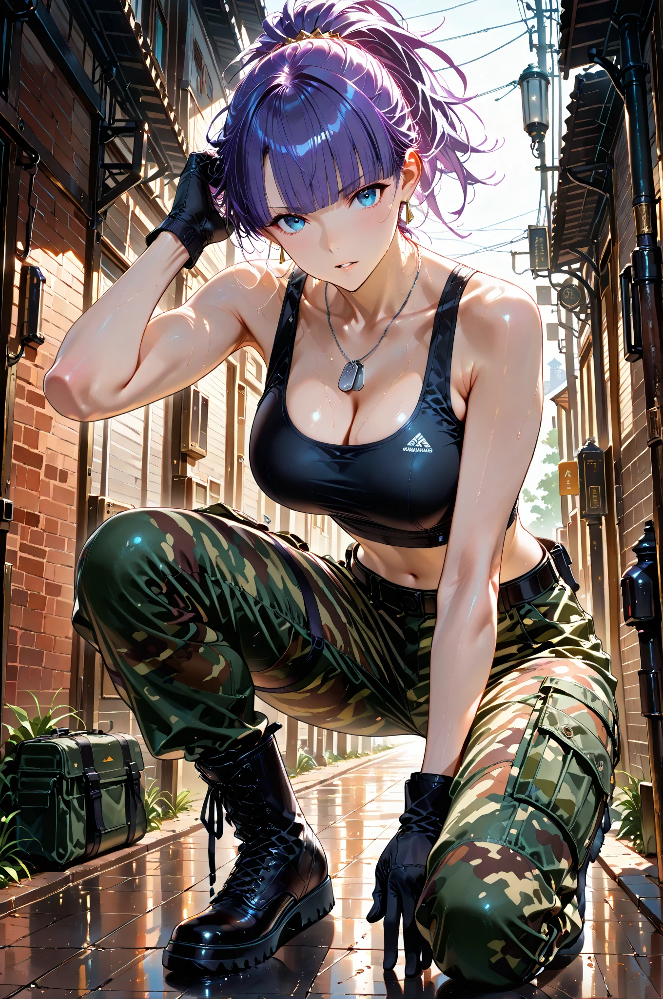 A girl with purple ponytail hair, sharp blue eyes, wearing  with green very mini skirt, athletic body, cleavage, short black gloves and purple jewelry and a black chain. katana at his waist. Abandoned city.
