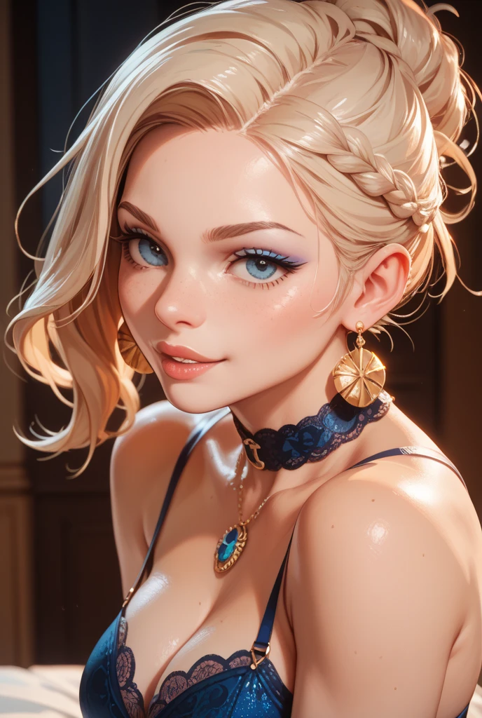 SFW,highest quality, elsa from frozen, backlighting,black choker,blurry background,blush,closed mouth,collarbone,earrings,forehead,freckles,hair over shoulder,jewelry,looking down,pointy nose,lips glossy,shadow,solo,thick eyebrows,thick eyelashes,upper body,,tattoos,tattoos on arms,black rose tattoos on neck,sun beams,warm light,cozy,((masterpiece)),