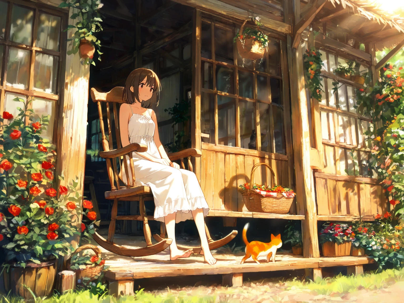 beautiful cute girl, hot summer day, sitting at a table in the garden, masturbating, chair, house window, cat, tree, shade, peeing, pee, pee puddle, pee on legs, pee on feet, bare legs, full body, barefoot, pussy, simplistic but highly detailed artstyle, masterpiece