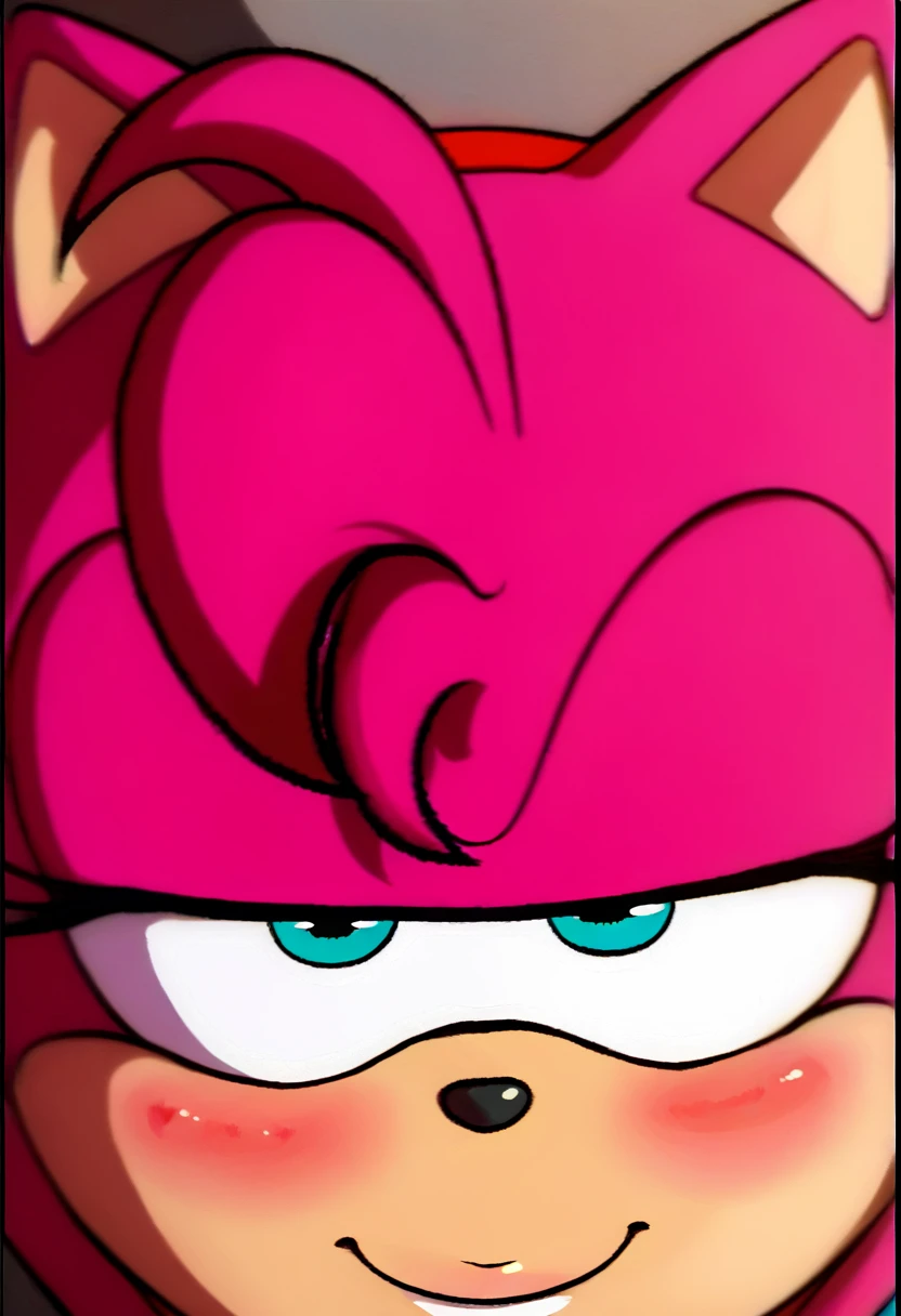 score_9, score_8_up, score_7_up, female solo, blue eyeliner, Amy Rose, face close up, upper body, by angelauxes, vibrant colors, expressionist coloring, two tone shading, smiles, blush, face focus, rating_safe, looking at viewer, one eyebrown up