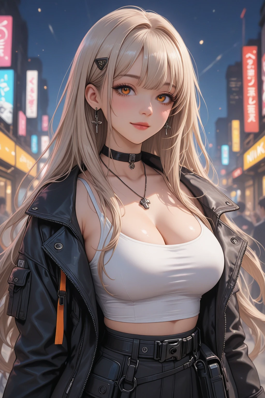 Urban fair girl college student, masterpiece, Light makeup, Red lips, Silver Hair, Messy long hair, Street background, fair, elegant. Super fine details, masterpiece, Real texture, Movie-level lighting realism, Perfect job, 16K, HD, Exquisite features,blue eyes、Japanese Idol、Pretty Face、Lovely smile、Brown hair、fair hair、Ponytail、Glamorous、 Large Breasts、stand erect、Oily muscles、Glowing skin、Tanned skin、black glowing skin、Sexy knitted sweater, Big bright eyes, Smooth skin, earrings, necklace, Tattoo