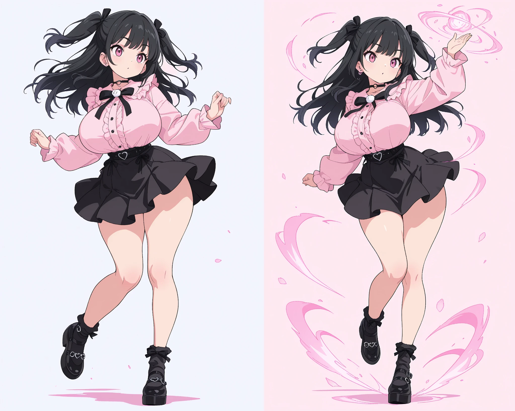 black hair, female, twin drills, solo, smol, pink eyes, massive breasts, very long hair, wear plain white sweater and leggings, masterpiece, ultra high quality